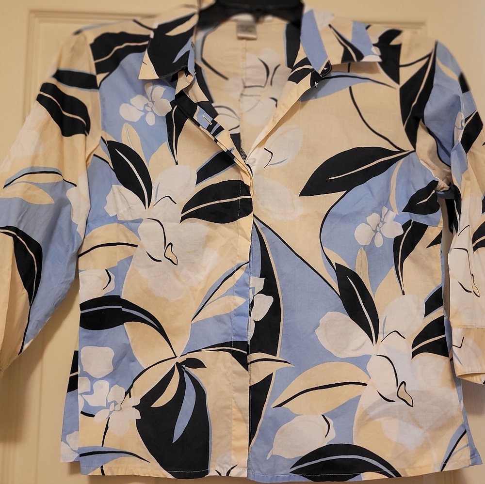 Floral 3/4 sleeve cotton button up blouse